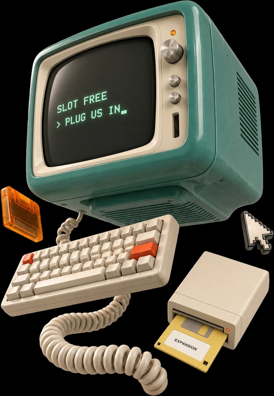 A teal retro computer in loose parts, floating: the monitor, its screen reading “SLOT FREE, > PLUG US IN_”, a cream keyboard, a coiled cable, an orange cartridge, a pixel arrow cursor and a floppy drive ejecting a yellow disk labelled EXPANSION.