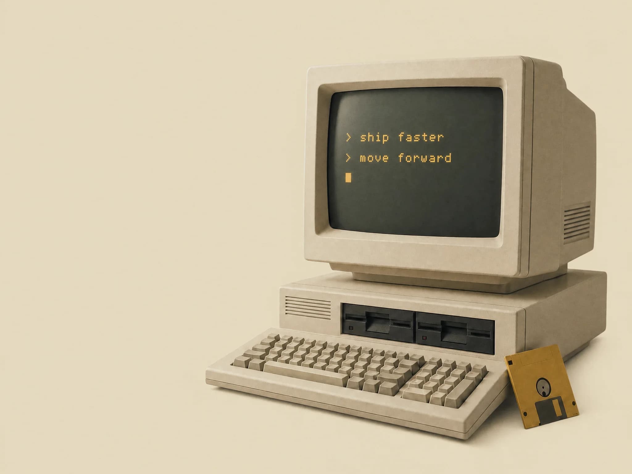 A beige early-80s PC in soft studio light, its screen reading “> ship faster” and “> move forward”, with a yellow floppy disk leaning on the keyboard.